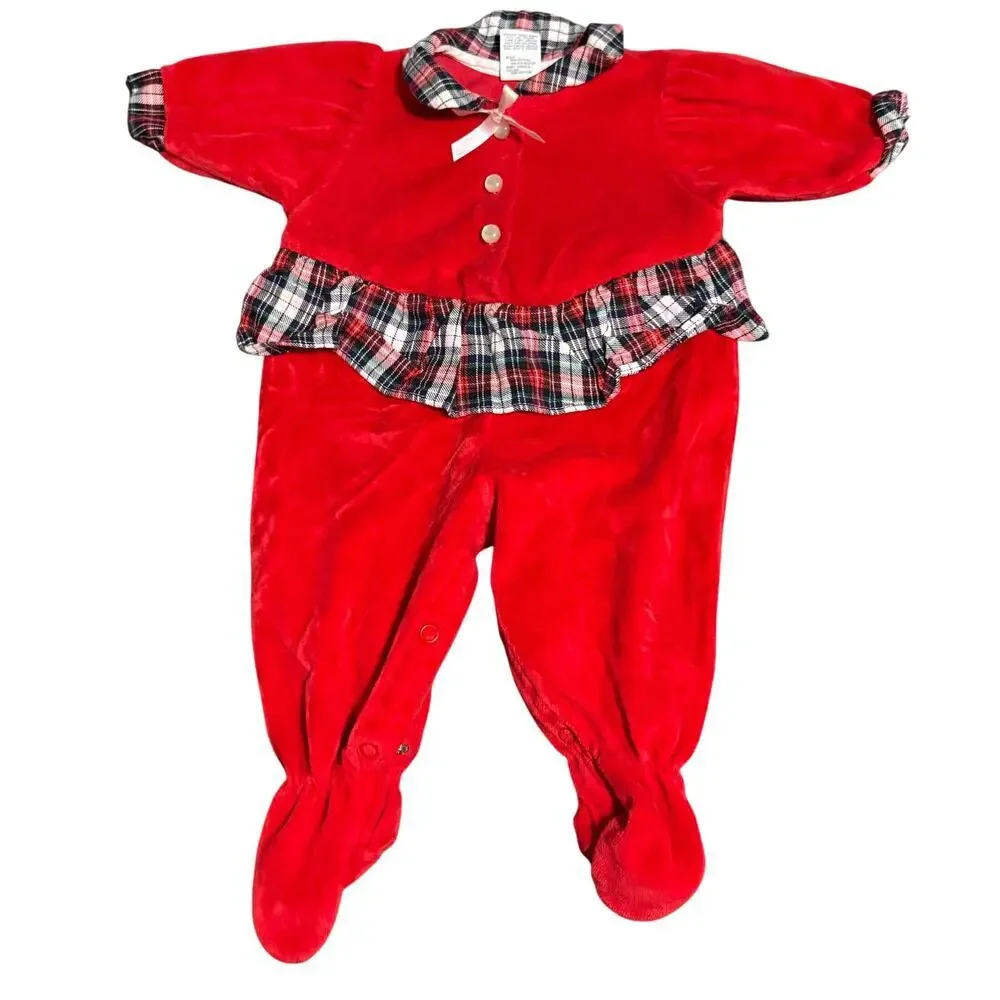 Vintage‎ Carter’s Velvet Red Plaid Size 3 Months One Piece Collared Baby Girl